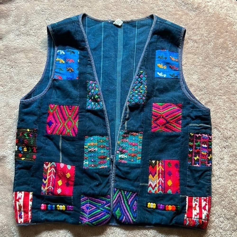 Embroidered Navy Patchwork Vest - Colorful Boho Accent
